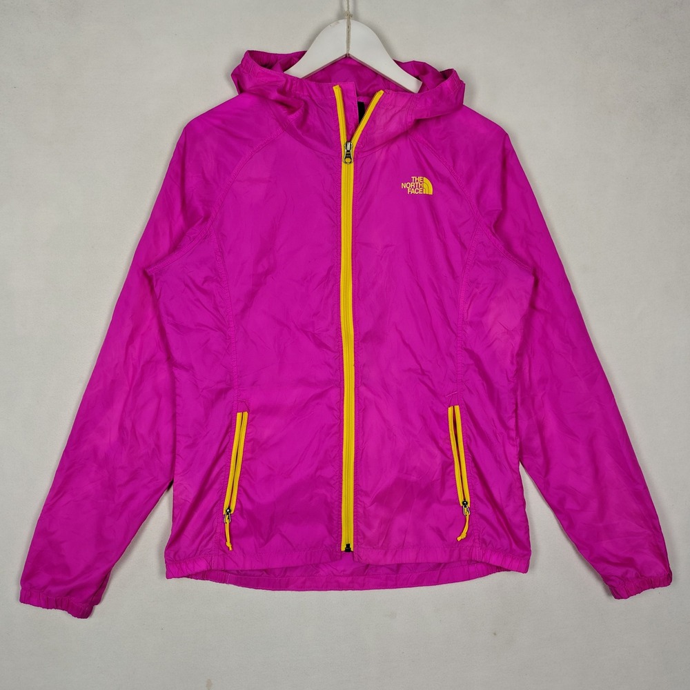 The North Face Pink Yellow Full Zip Hooded Windbreaker Jacket LC 307709 Womens L